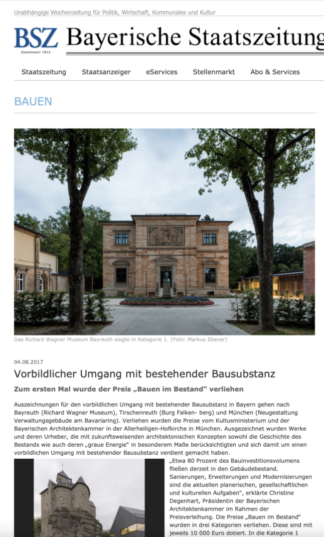 Zeitungsartikel der BSZ Zeitungsartikel der Bayerischen Staatszeitung über den vorbildlichen Umgang mit historischer Bausubstanz, mit Foto des Richard-Wagner-Museums in Bayreuth.