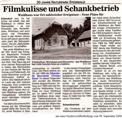 Alter Zeitungsartikel mit der Überschrift "Filmkulisse und Schankbetrieb". Mittig oben sieht man ein Bild von einem Alten Haus und darum steht viel Text.