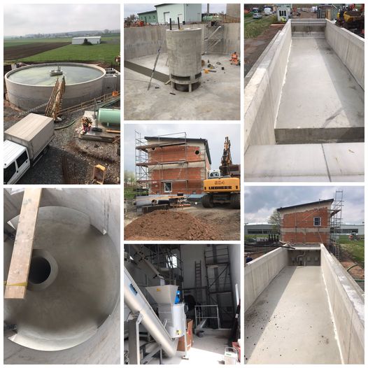 Neun Einzelbilder zeigen Baufortschritte an einer Kläranlage: Rundbecken, Schächte, Technikräume und Außenansichten des Ziegelgebäudes im Rohbau.